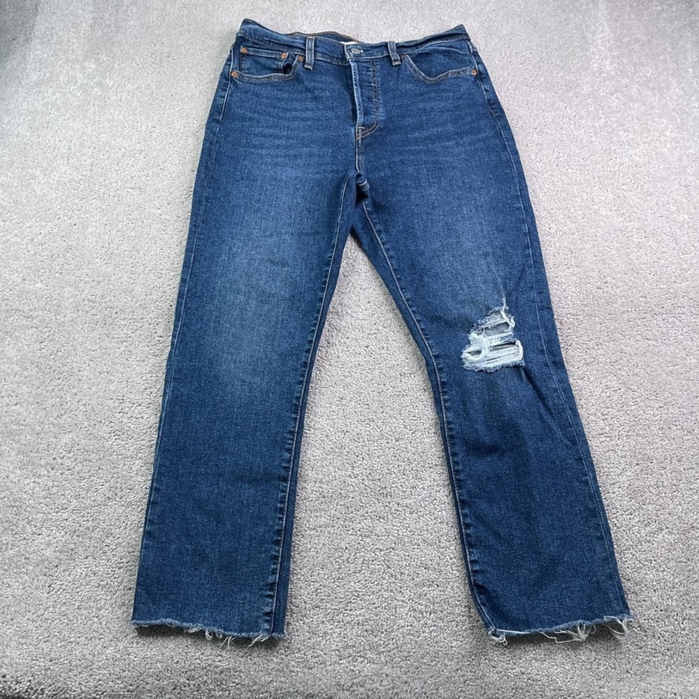Levis Jeans Womens 31 Blue Wedgie Straight Button Fly Raw Hem Distressed Denim